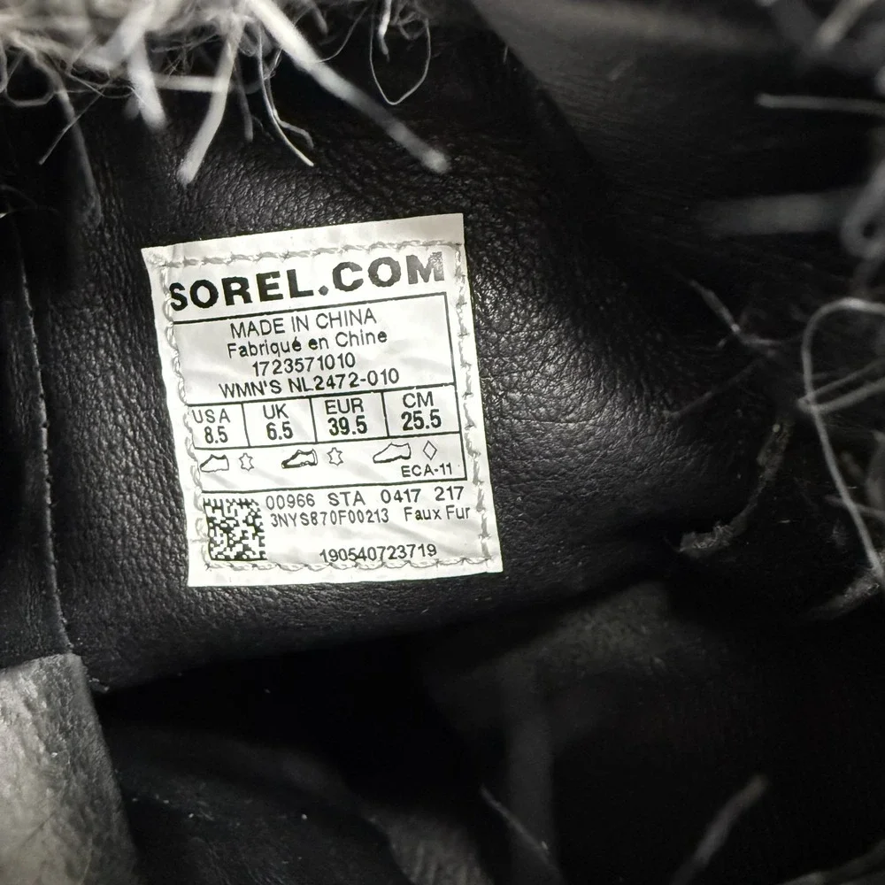 Sorel Park City Lux Leather Boot Womens 8.5 Black Gray Faux Fur Waterproof Wedge